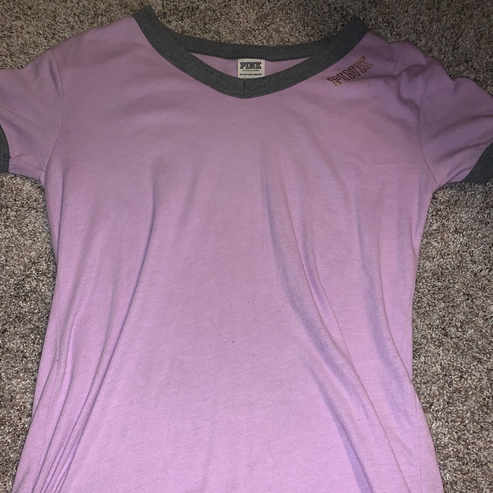 v- neck, light purple, brand pink shirt.